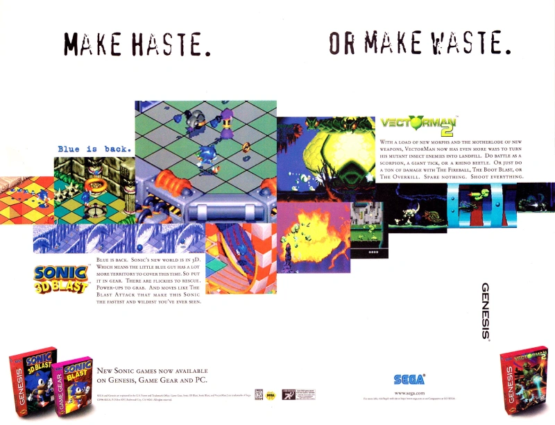An advert for Sonic 3D Blast, titled 'Make Haste. Or Make Waste.'