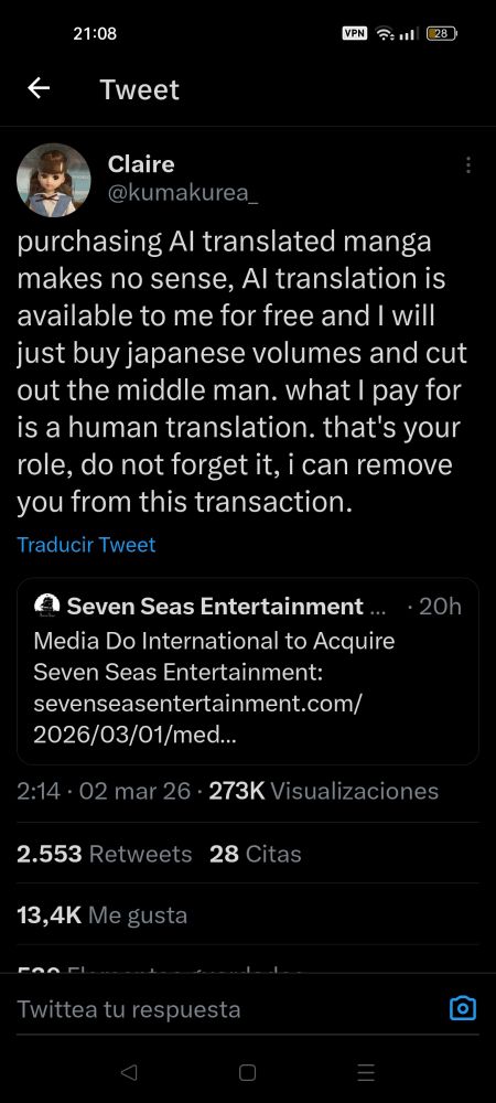 a tweet by @kumakurea_ that says: “purchasing Al translated manga makes no sense, Al translation is available to me for free and I will just buy japanese volumes and cut out the middle man. what I pay for is a human translation. that's your role, do not forget it, i can remove you from this transaction.”