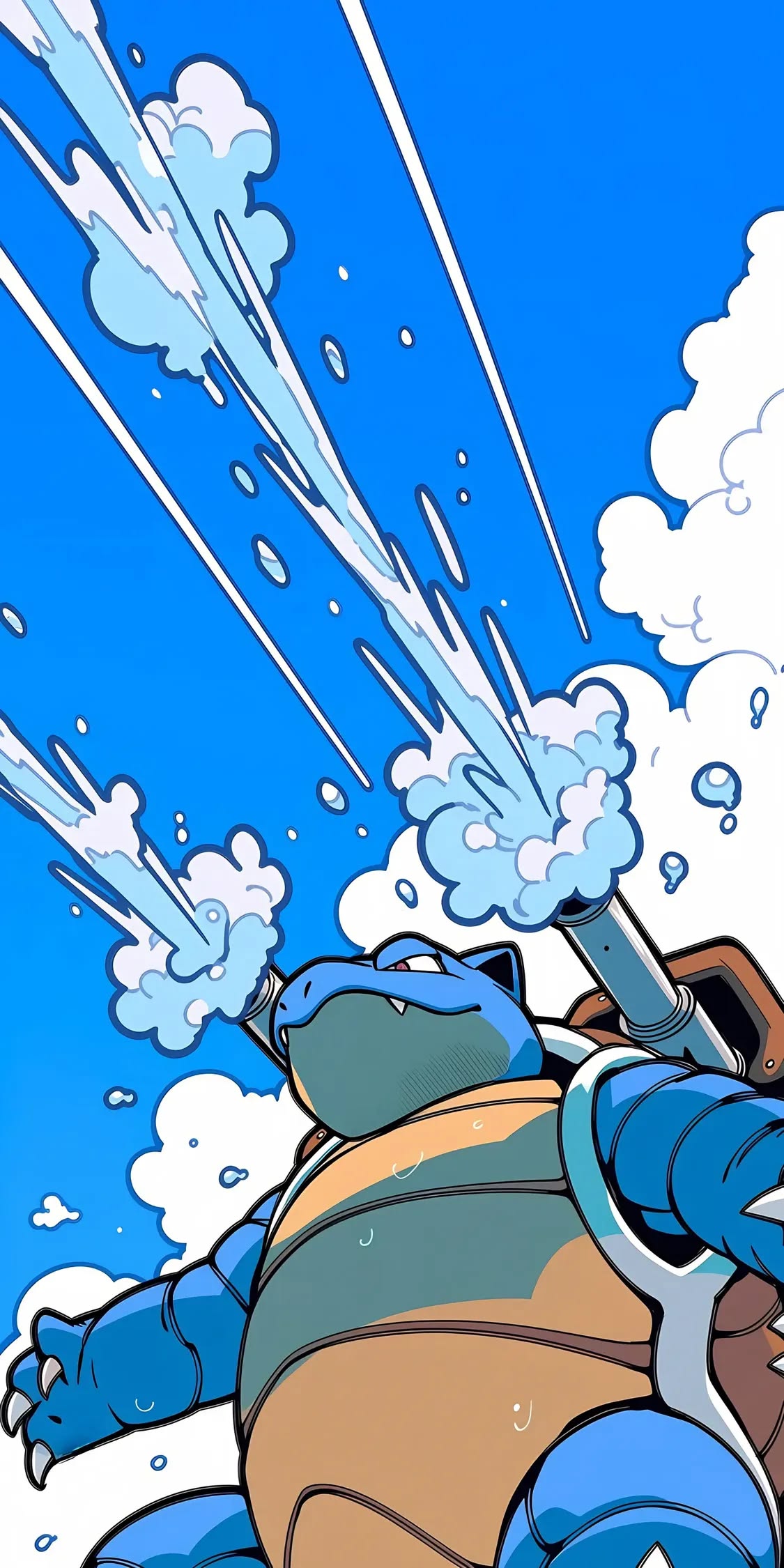 A blue tortoise-like Pokémon blasting water out of the cannons in its shell
