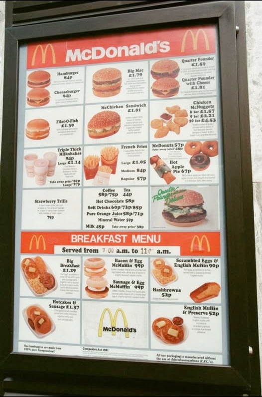 A drive-thru McDonald's menu including a Big Mac for £1.79