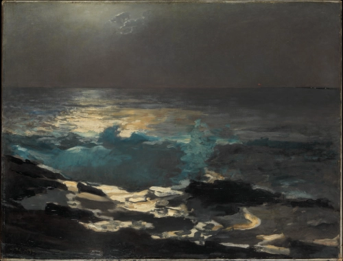 an oil painting of waves crashing on rocks