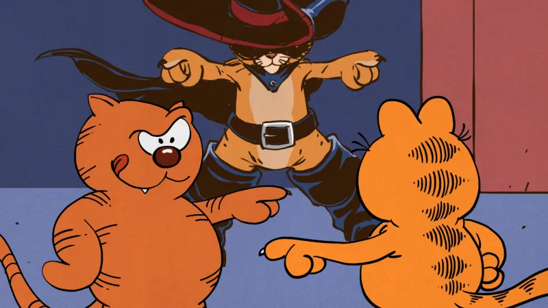 three fictional orange cats (Puss in Boots, Heathcliff, and Garfield) pointing at each other in a circle