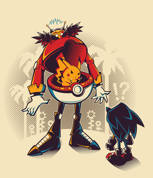 Pikachu controlling a mechanical Dr Eggman in front of Sonic