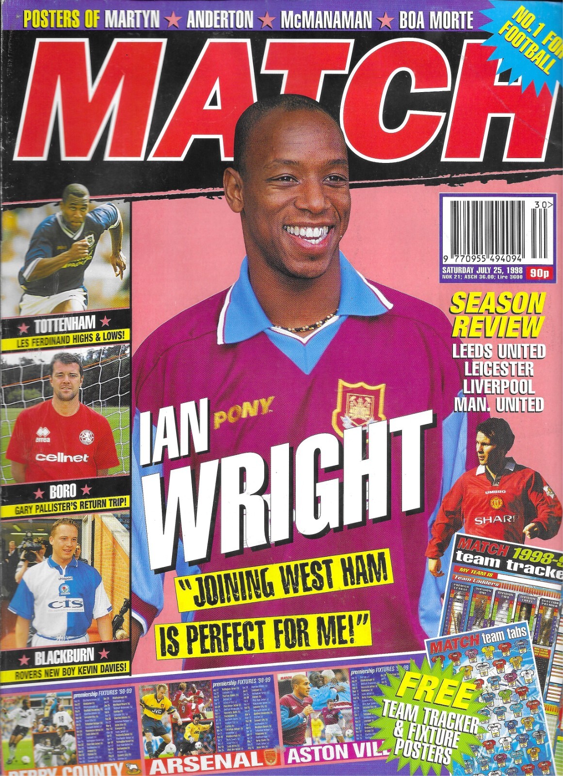 A soccer magazine featuring Ian Wright in a West Ham shirt and other soccer players on the cover