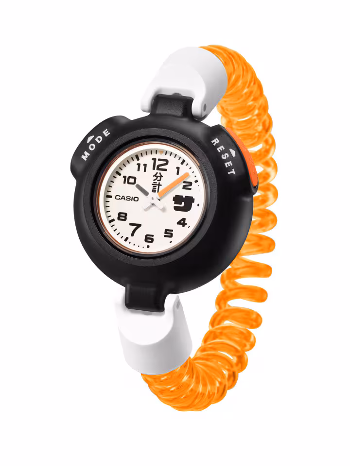 A watch with an orange coiled wristband