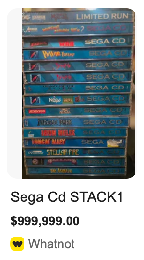 a listing for a SEGA CD stack priced at $999,999