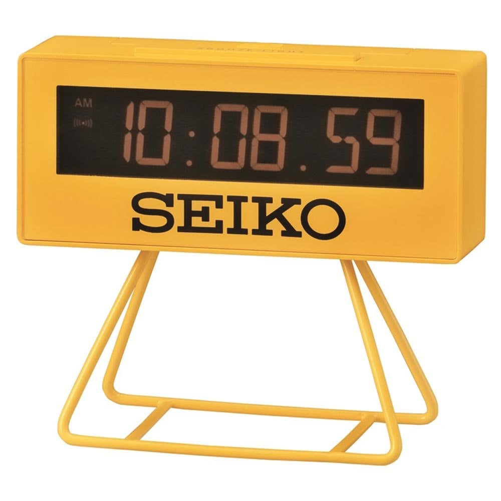 a yellow timing clock used in sports on two wide legs