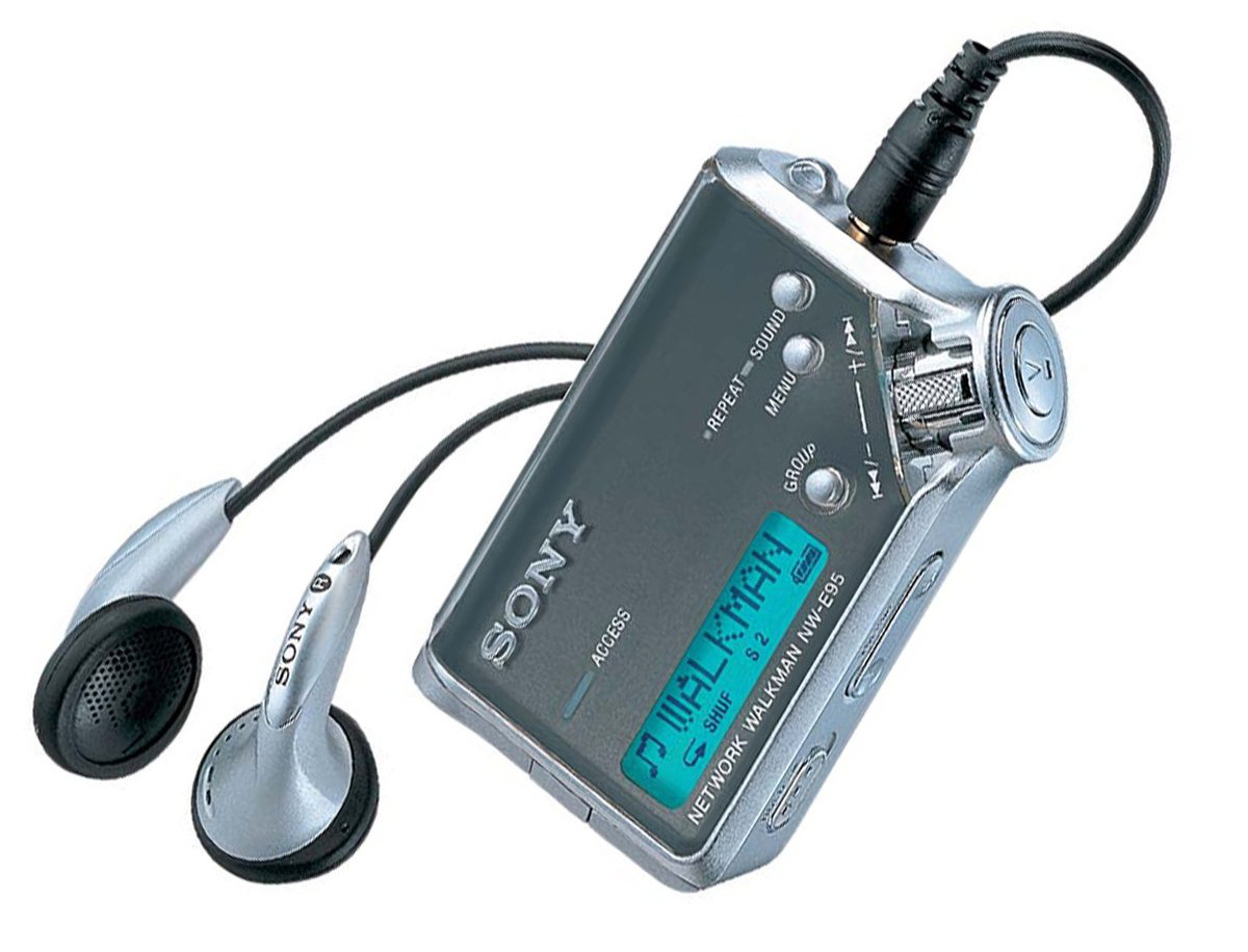 a grey Sony Walkman mp3 player with earphones plugged in