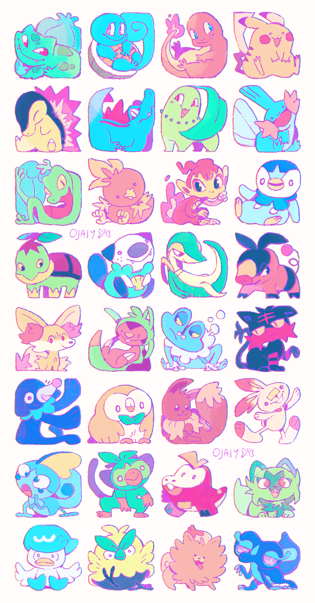 Little drawings of every starter from Gen 1 to Gen 10 in Pokémon arranged in a 4x10 grid